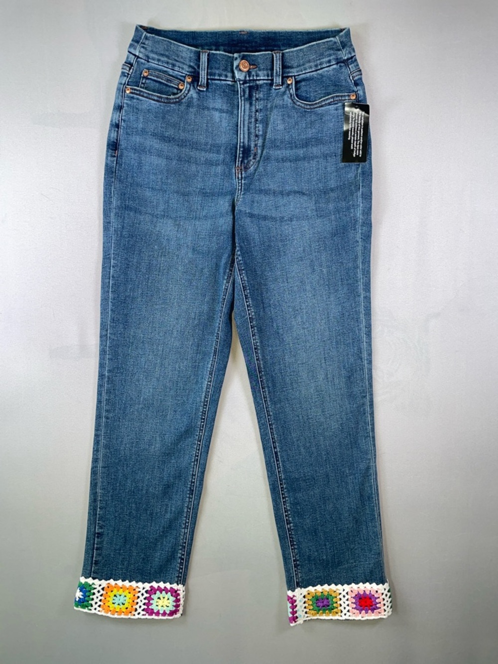 Canyon Retreat NEW Boho Style High Waist Cropped Granny Crochet Hem Jeans Size 6